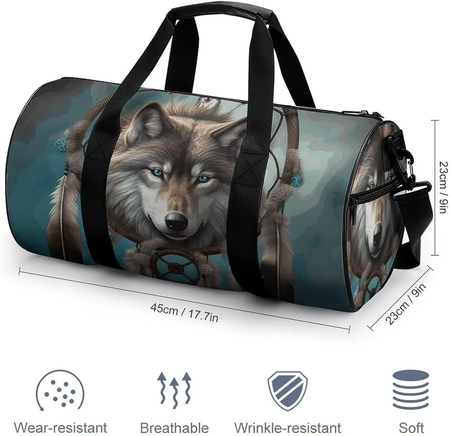Gym Bag for Men Women 3D Wolf Dream Catcher Duffel Bag Overnight Bag with Compartment Gym Sackpac