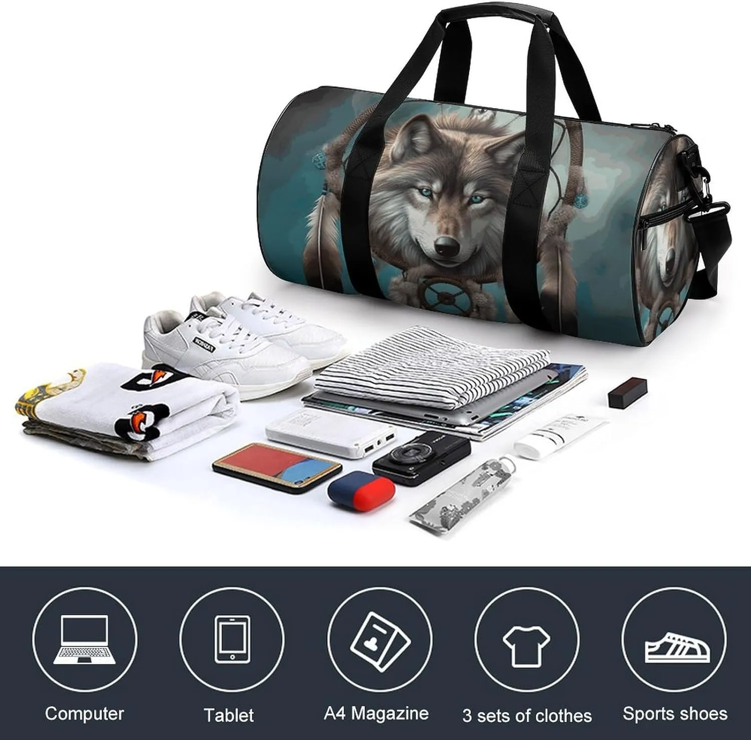 Gym Bag for Men Women 3D Wolf Dream Catcher Duffel Bag Overnight Bag with Compartment Gym Sackpac
