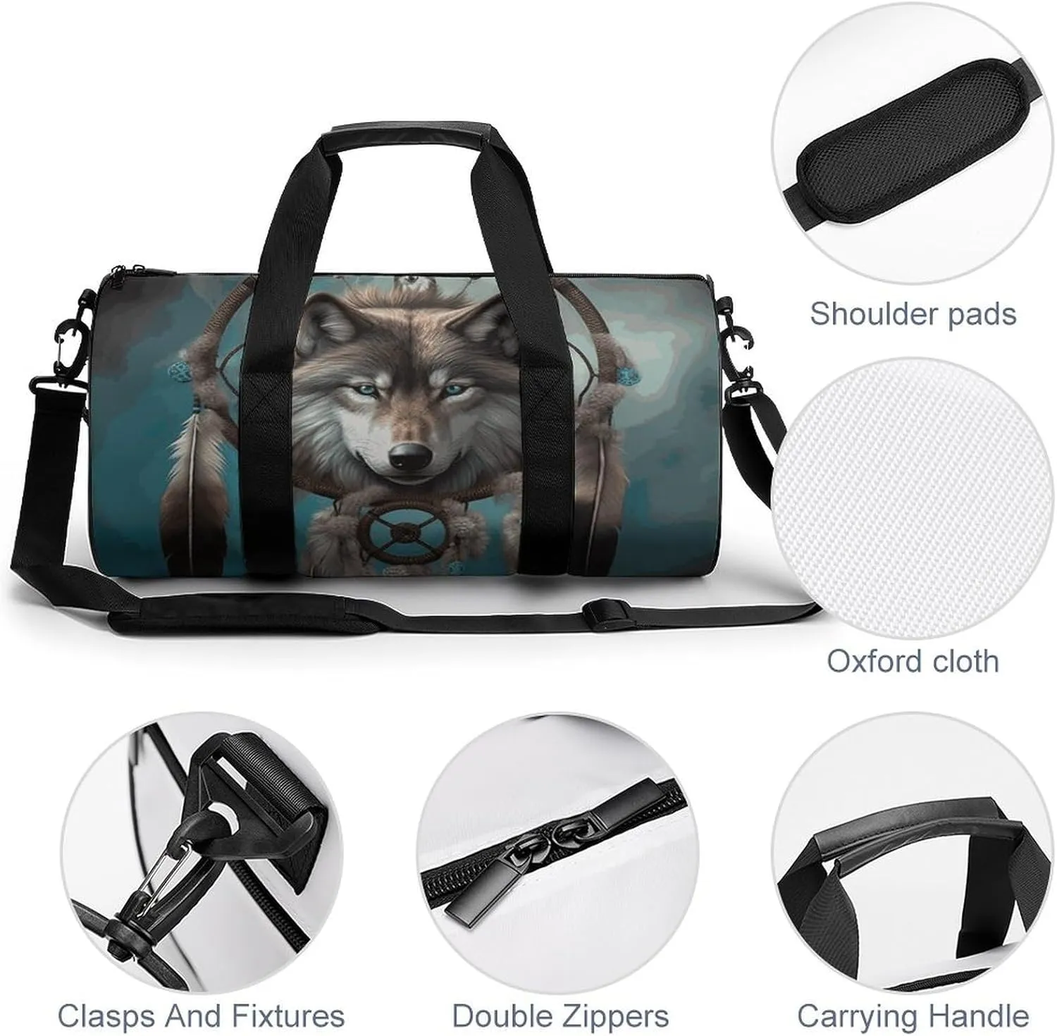 Gym Bag for Men Women 3D Wolf Dream Catcher Duffel Bag Overnight Bag with Compartment Gym Sackpac
