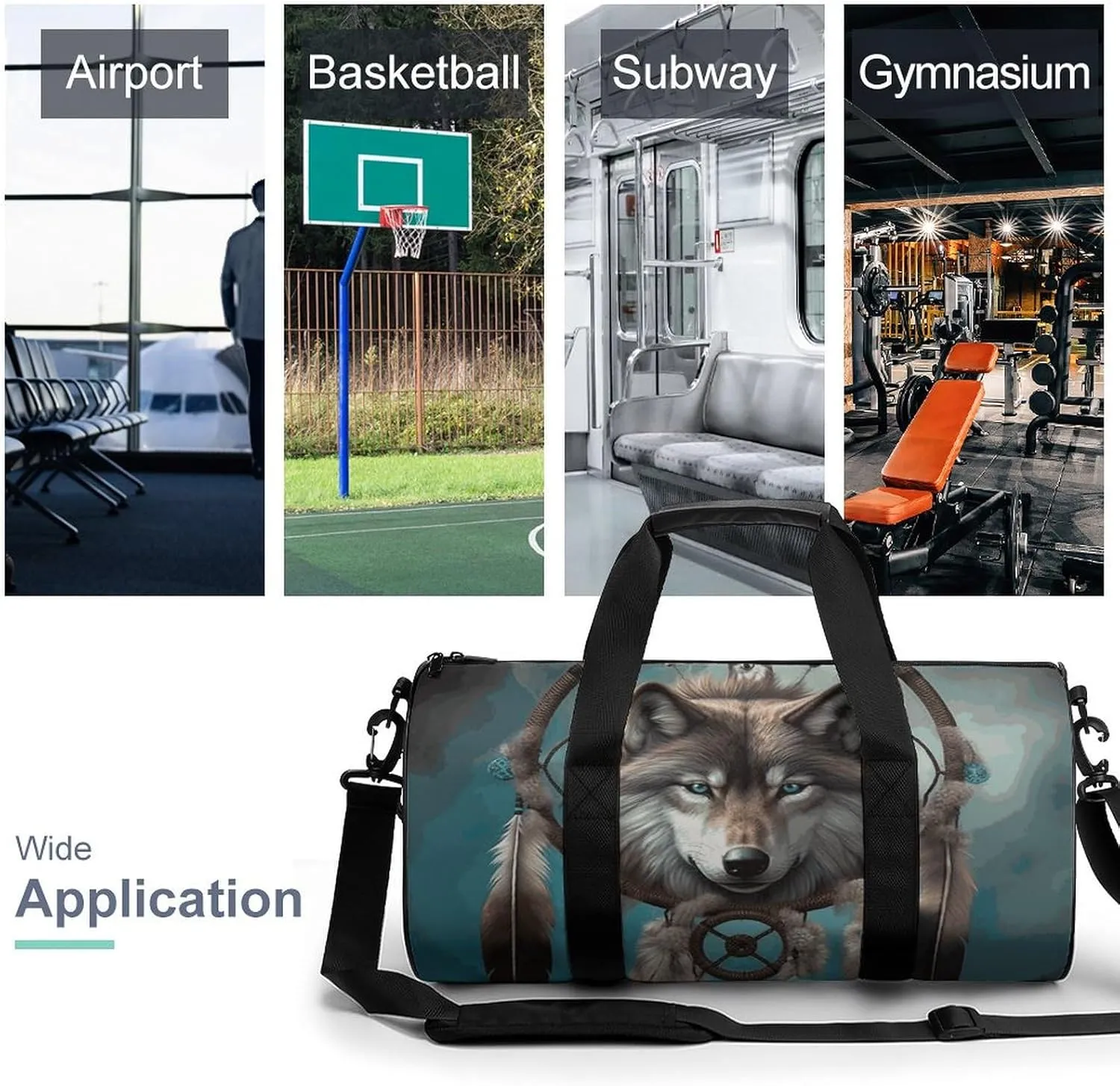 Gym Bag for Men Women 3D Wolf Dream Catcher Duffel Bag Overnight Bag with Compartment Gym Sackpac