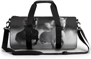 Gym Bag for Men Women Black And White Horses Running Duffel Bag Overnight Bag with Compartment Gym Sackpac