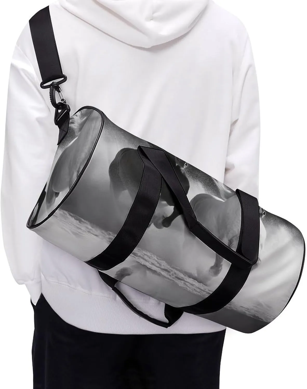 Gym Bag for Men Women Black And White Horses Running Duffel Bag Overnight Bag with Compartment Gym Sackpac
