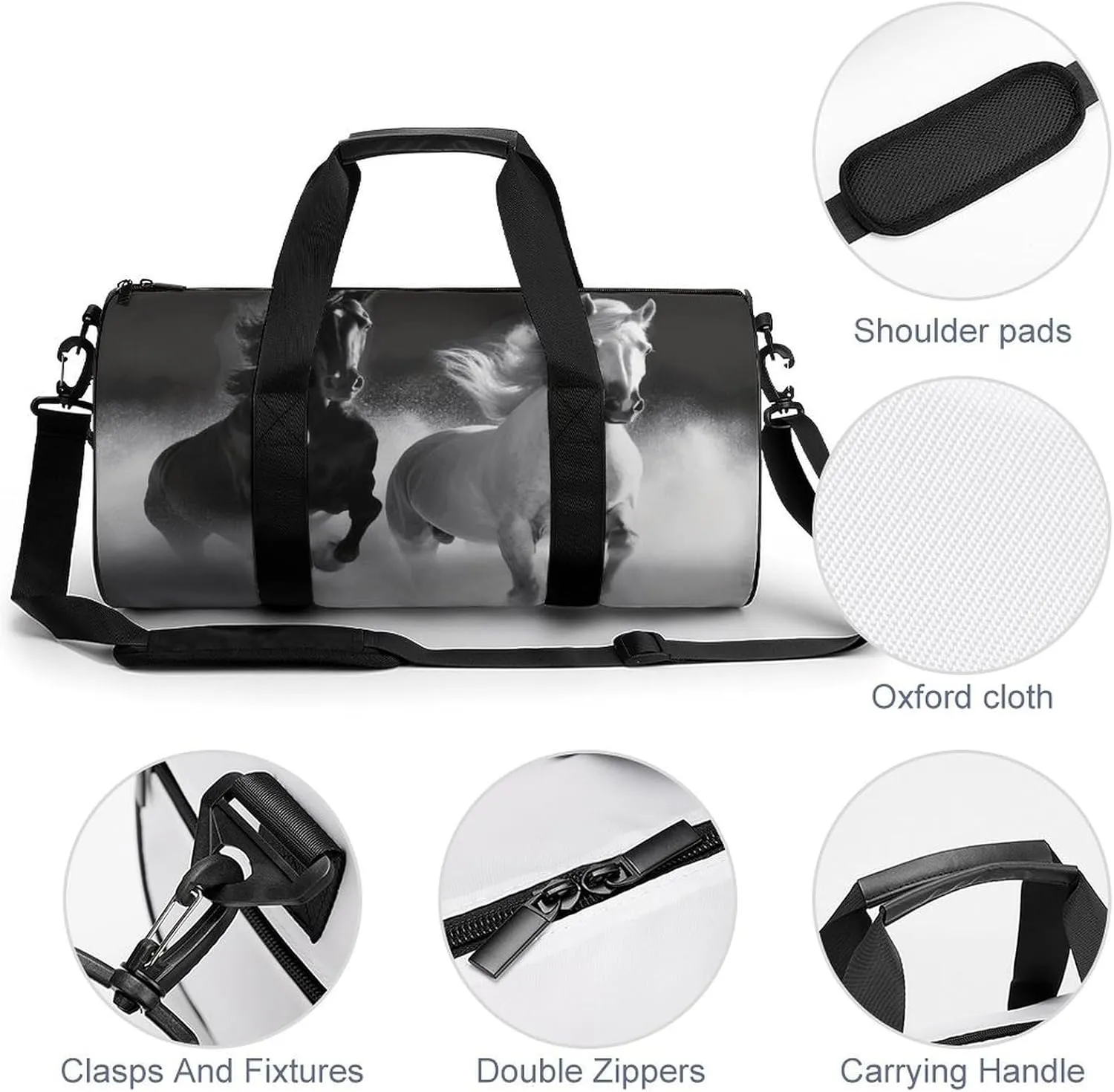 Gym Bag for Men Women Black And White Horses Running Duffel Bag Overnight Bag with Compartment Gym Sackpac