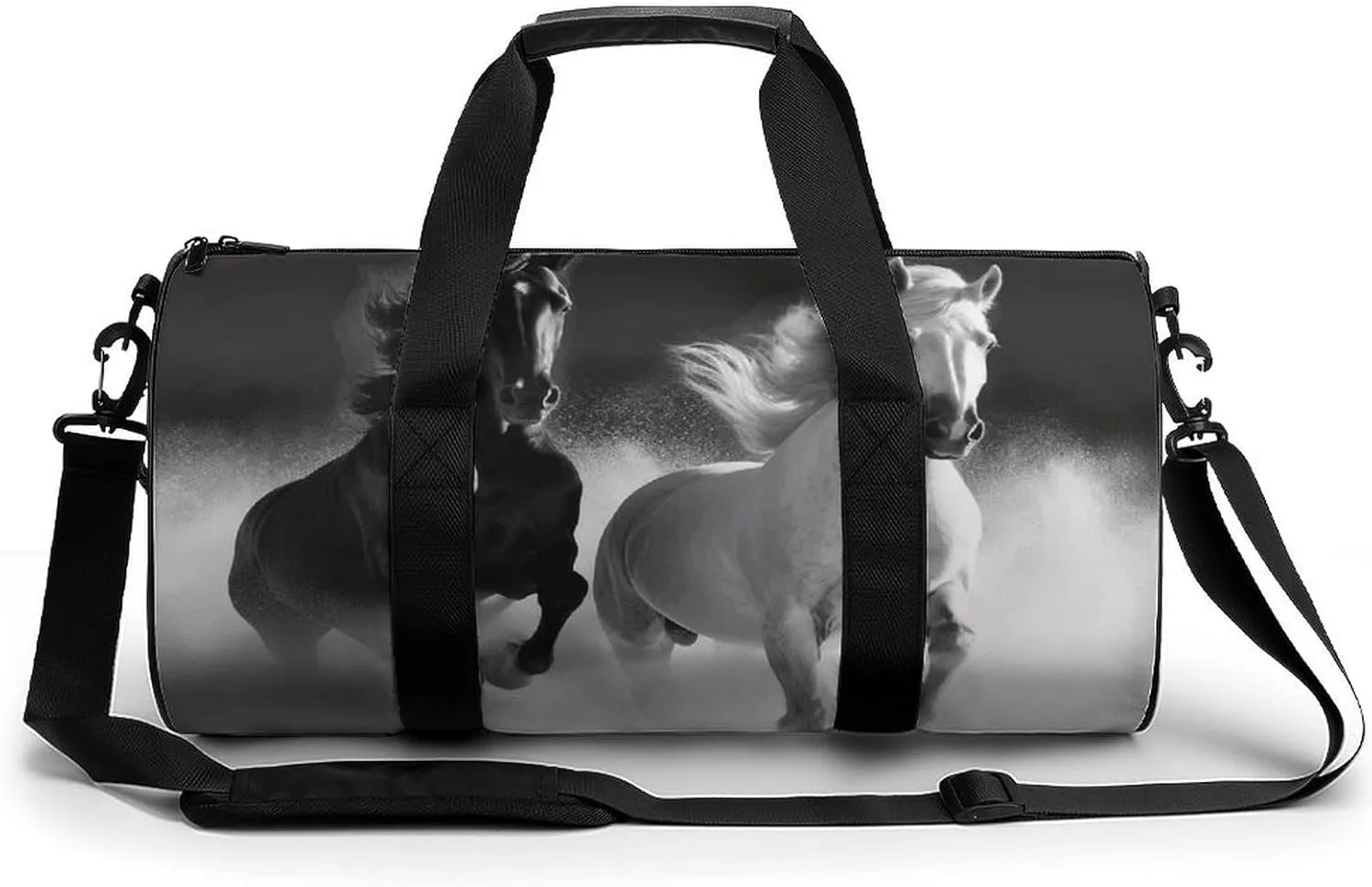 Gym Bag for Men Women Black And White Horses Running Duffel Bag Overnight Bag with Compartment Gym Sackpac