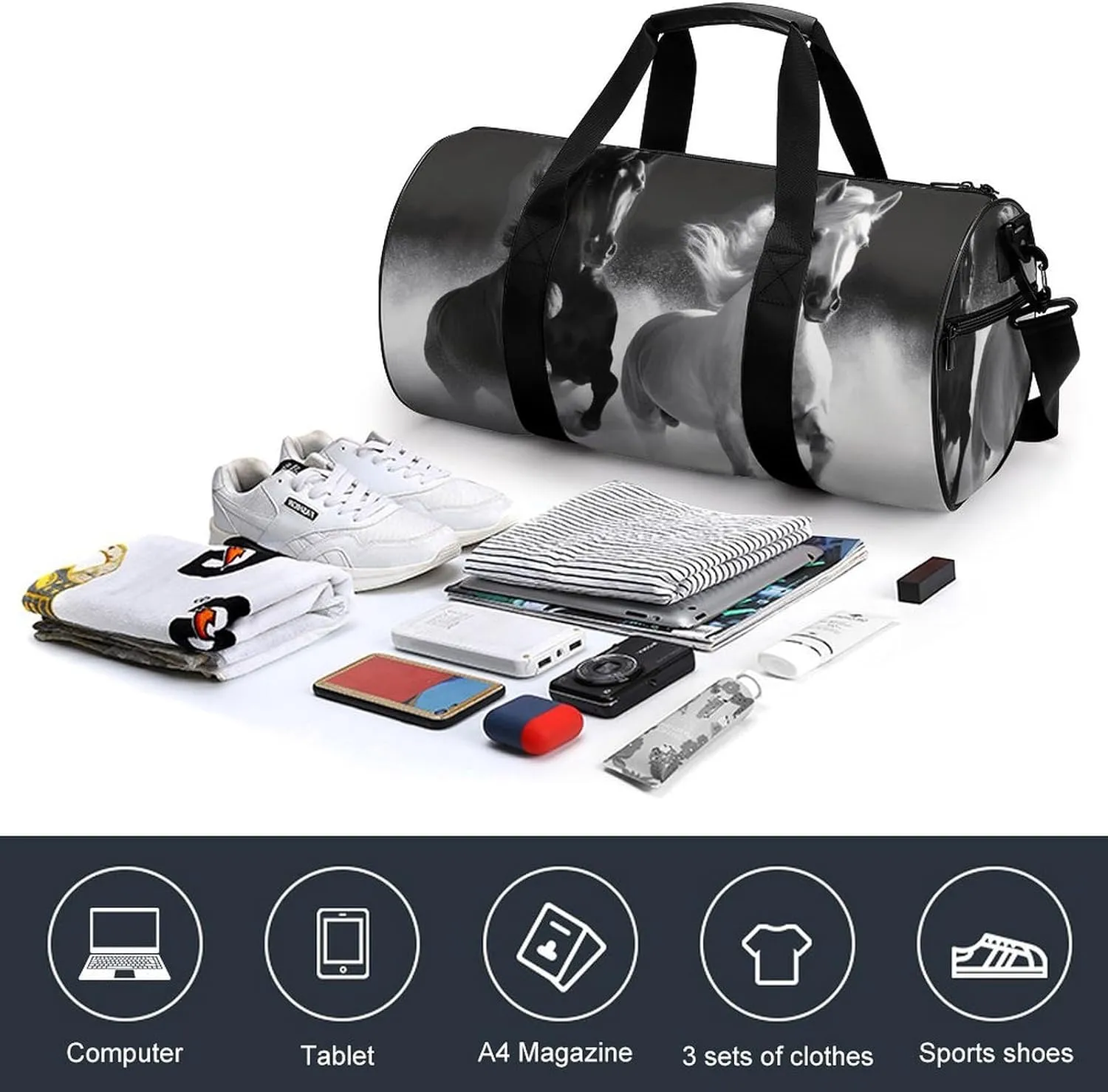 Gym Bag for Men Women Black And White Horses Running Duffel Bag Overnight Bag with Compartment Gym Sackpac
