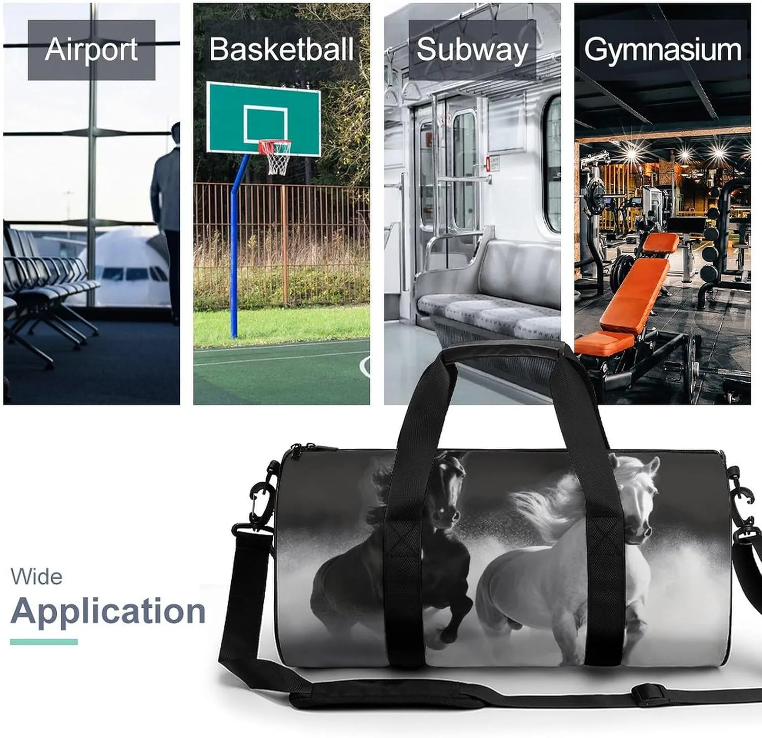 Gym Bag for Men Women Black And White Horses Running Duffel Bag Overnight Bag with Compartment Gym Sackpac
