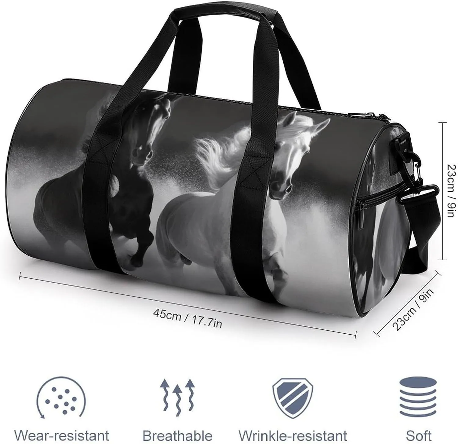 Gym Bag for Men Women Black And White Horses Running Duffel Bag Overnight Bag with Compartment Gym Sackpac