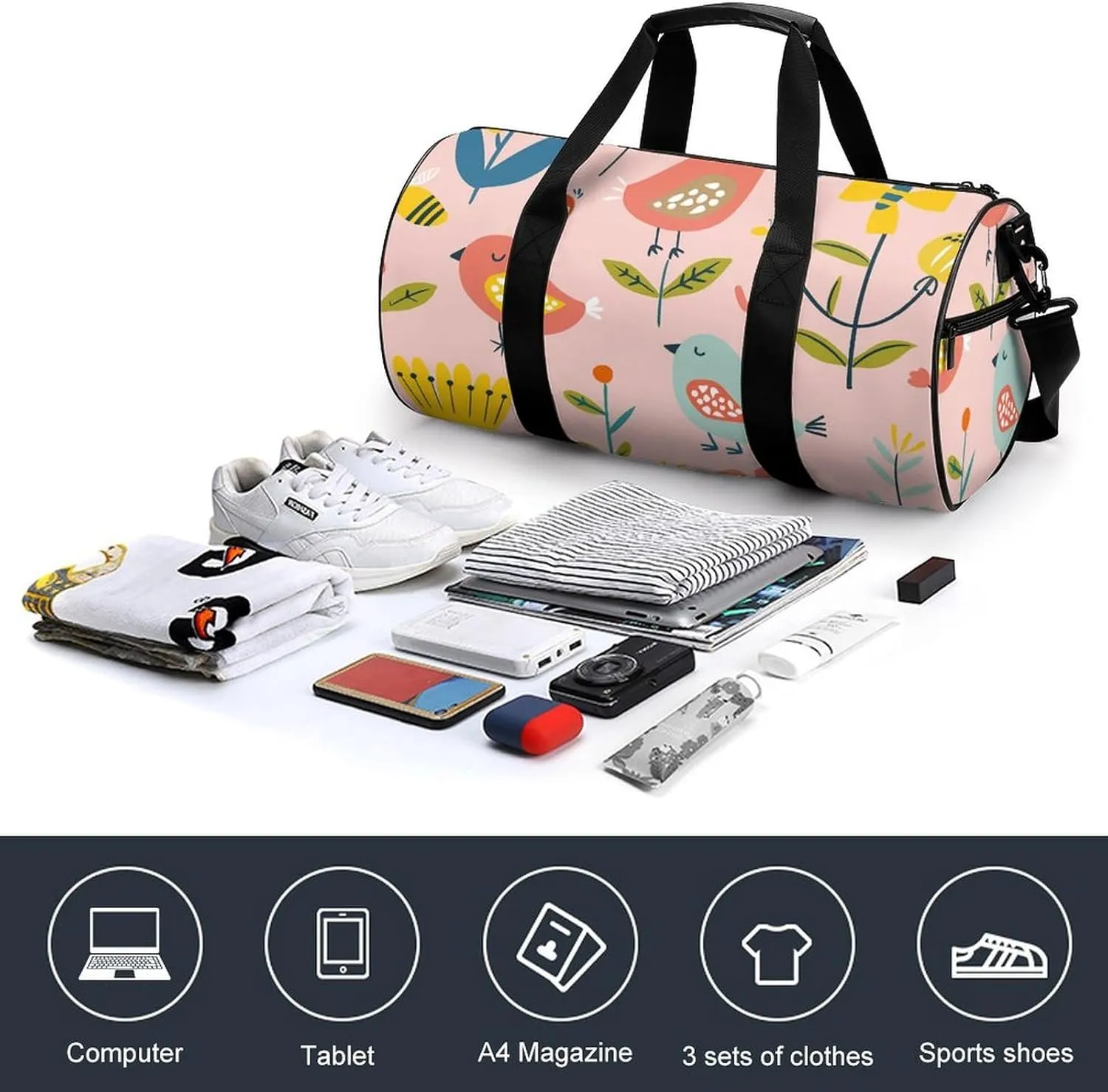 Gym Bag for Men Women Cartoon Birds And Bees Duffel Bag Overnight Bag with Compartment Gym Sackpac