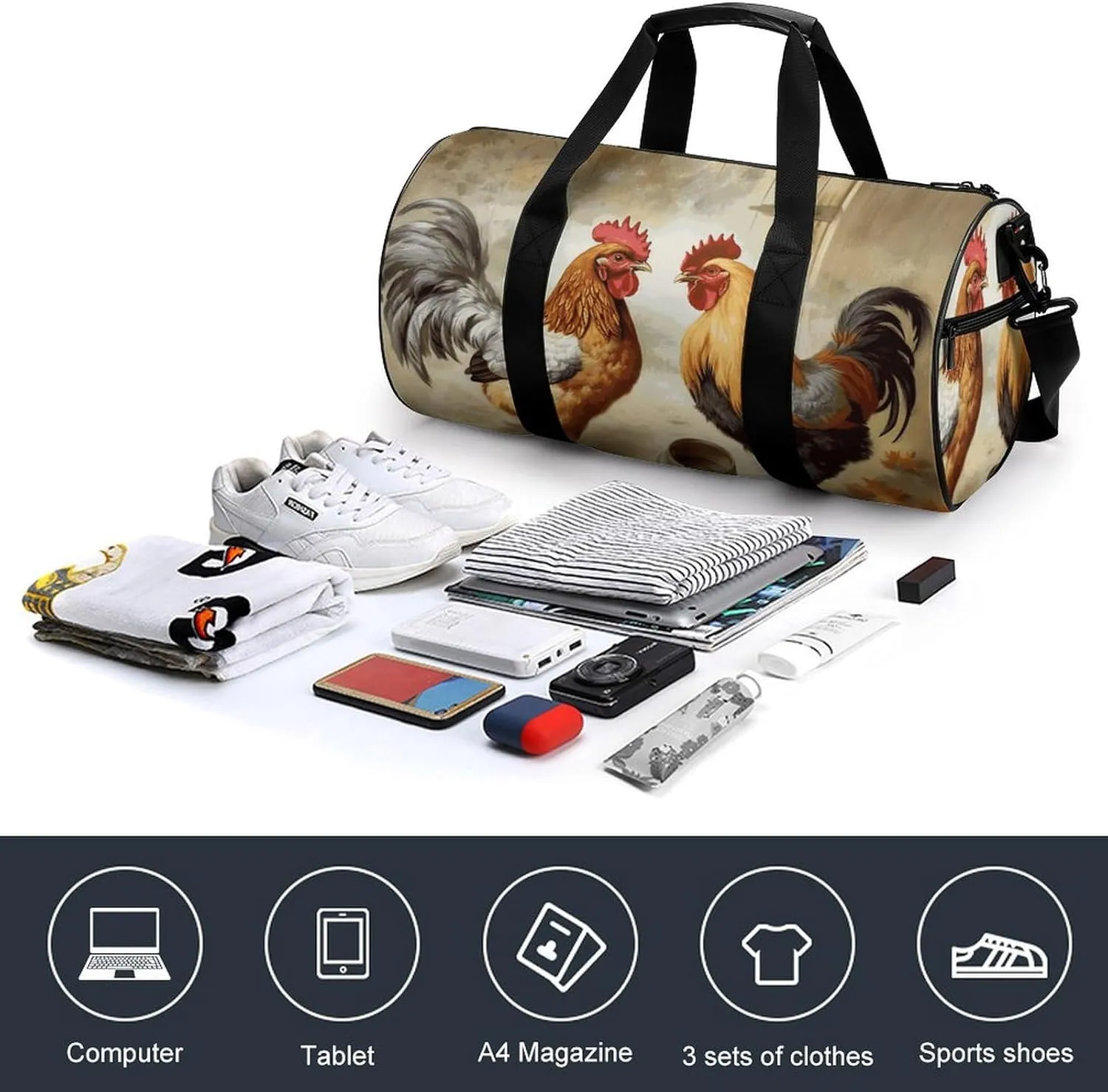 Gym Bag for Men Women Chicken And Rooster Print Duffel Bag Overnight Bag with Compartment Gym Sackpac