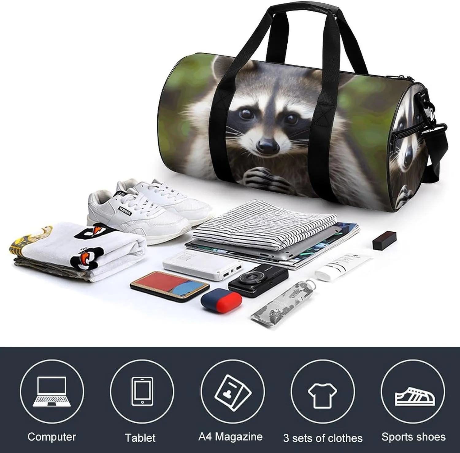 Gym Bag for Men Women Cute Raccoon Duffel Bag Overnight Bag with Compartment Gym Sackpac
