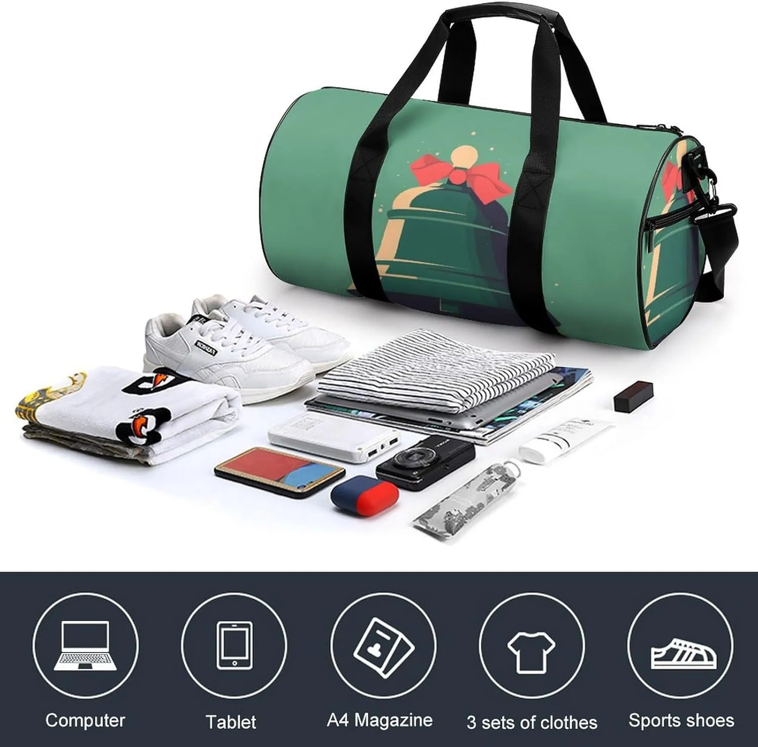 Gym Bag for Men Women Green Little Bell Duffel Bag Overnight Bag with Compartment Gym Sackpac