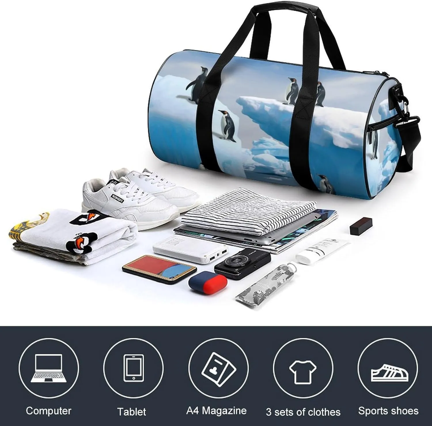 Gym Bag for Men Women Penguins On The Iceberg Duffel Bag Overnight Bag with Compartment Gym Sackpac