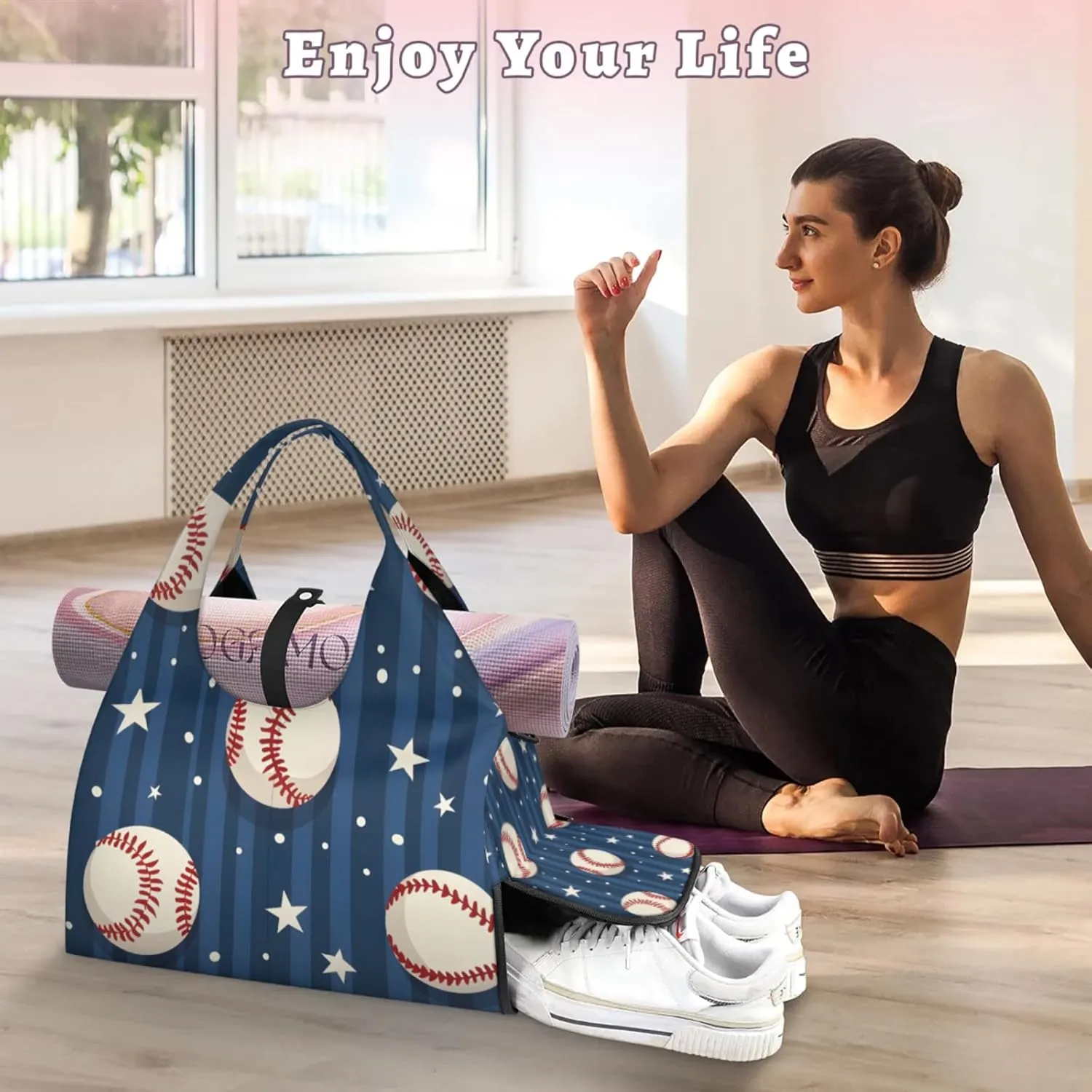 Gym Bag for Women Baseball Star Stripe Duffel Bag with Shoe Compartment and Yoga Mat Holder Portable Weekender Bags Travel Tote Bags