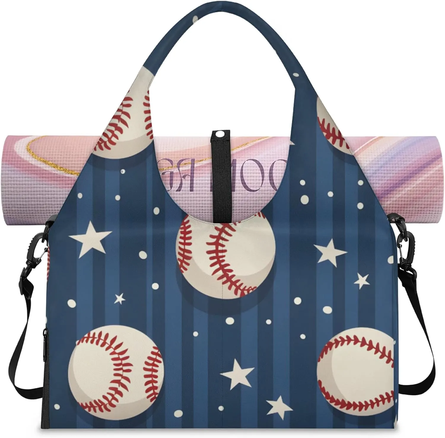 Gym Bag for Women Baseball Star Stripe Duffel Bag with Shoe Compartment and Yoga Mat Holder Portable Weekender Bags Travel Tote Bags