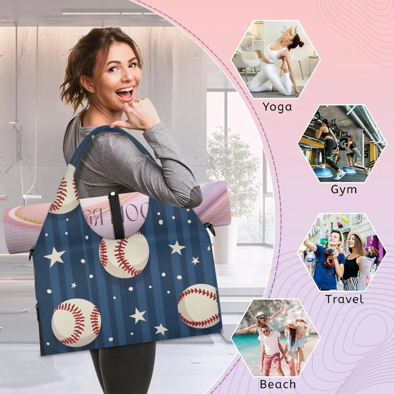 Gym Bag for Women Baseball Star Stripe Duffel Bag with Shoe Compartment and Yoga Mat Holder Portable Weekender Bags Travel Tote Bags