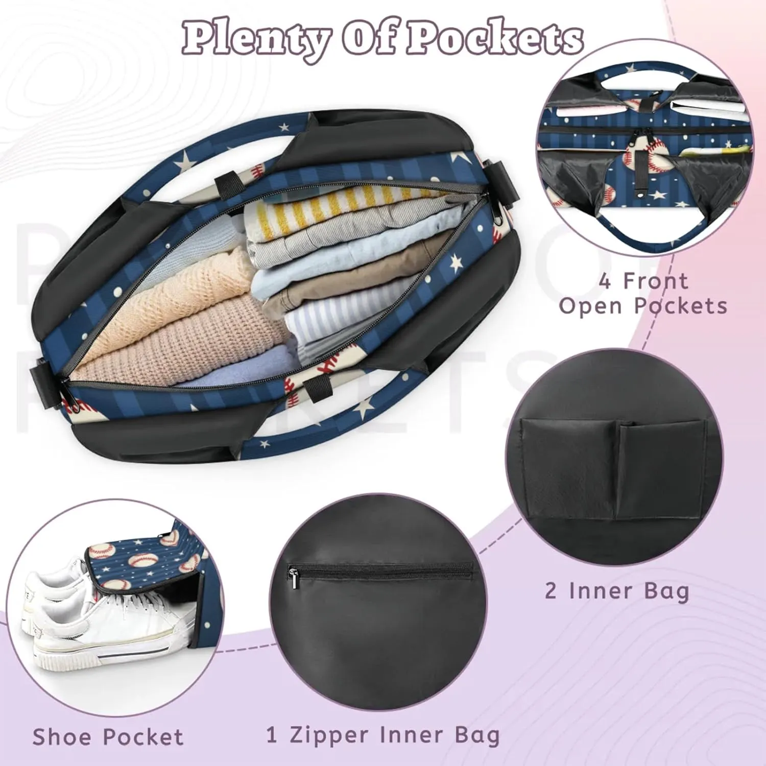 Gym Bag for Women Baseball Star Stripe Duffel Bag with Shoe Compartment and Yoga Mat Holder Portable Weekender Bags Travel Tote Bags