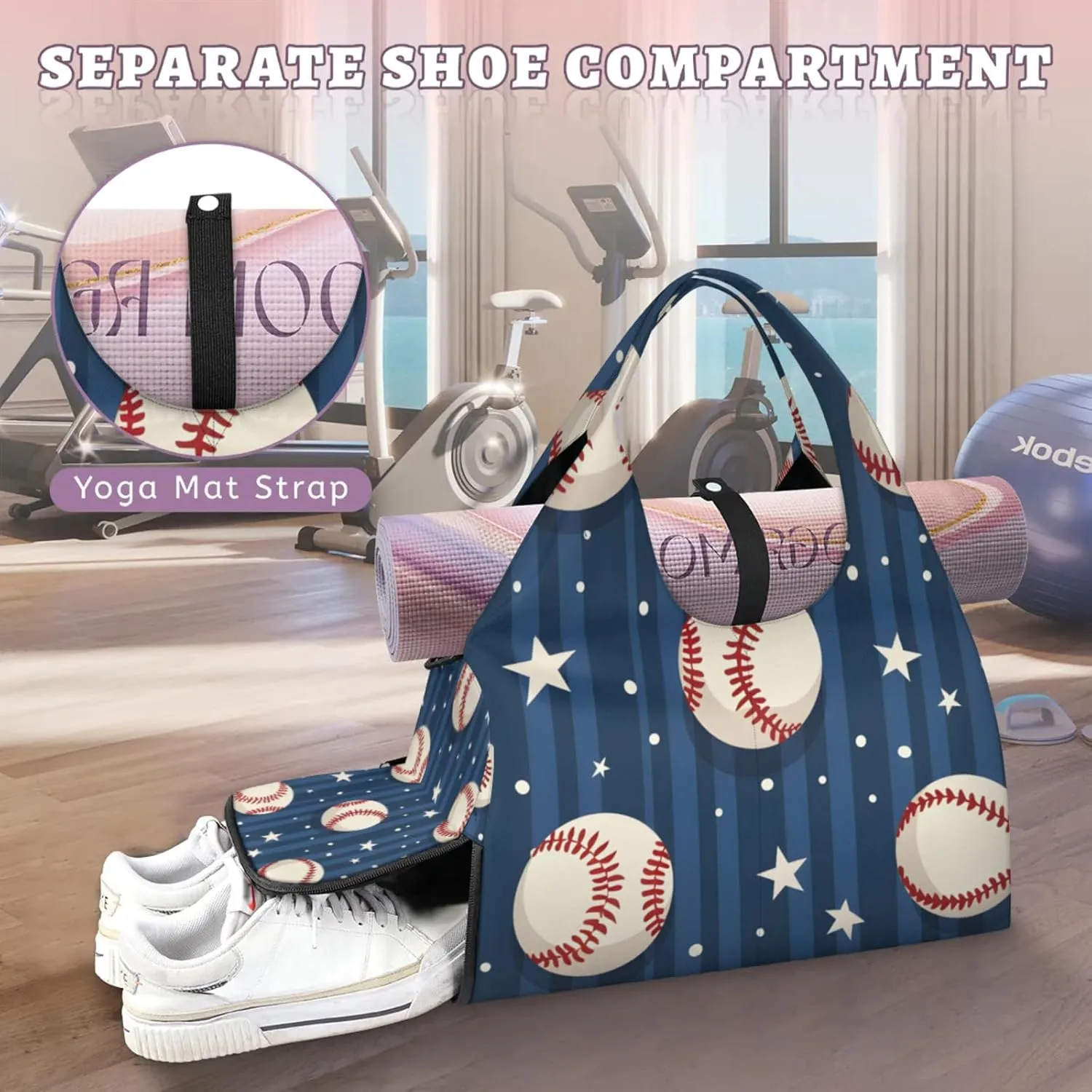 Gym Bag for Women Baseball Star Stripe Duffel Bag with Shoe Compartment and Yoga Mat Holder Portable Weekender Bags Travel Tote Bags