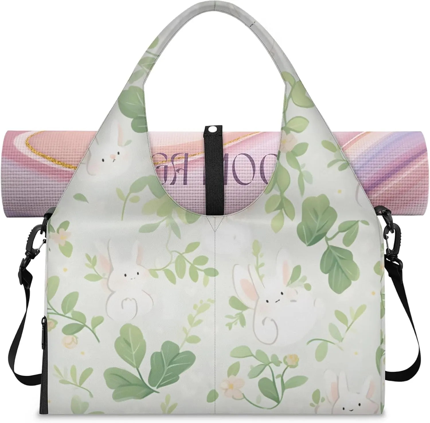Gym Bag for Women Bunny Rabbit Leaves Duffel Bag with Shoe Compartment and Yoga Mat Holder Portable Weekender Bags Travel Tote Bags