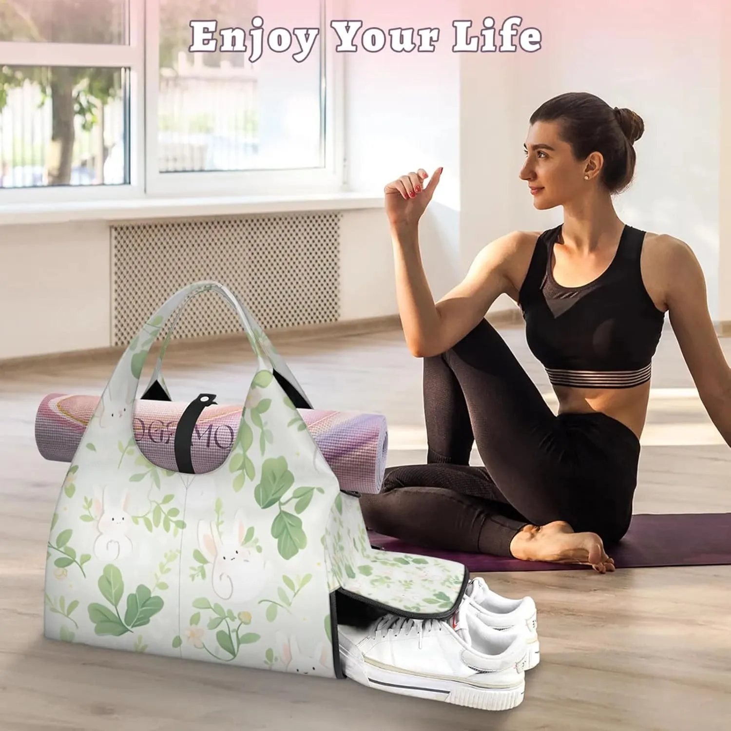Gym Bag for Women Bunny Rabbit Leaves Duffel Bag with Shoe Compartment and Yoga Mat Holder Portable Weekender Bags Travel Tote Bags