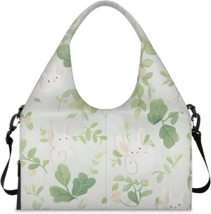 Gym Bag for Women Bunny Rabbit Leaves Duffel Bag with Shoe Compartment and Yoga Mat Holder Portable Weekender Bags Travel Tote Bags