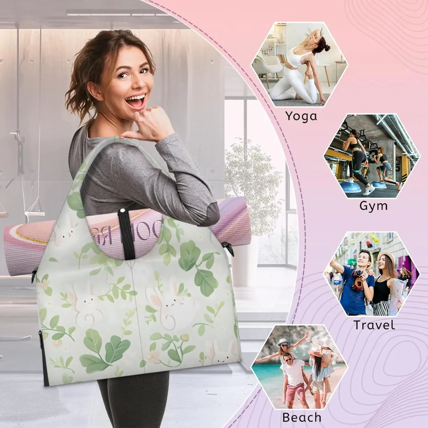 Gym Bag for Women Bunny Rabbit Leaves Duffel Bag with Shoe Compartment and Yoga Mat Holder Portable Weekender Bags Travel Tote Bags