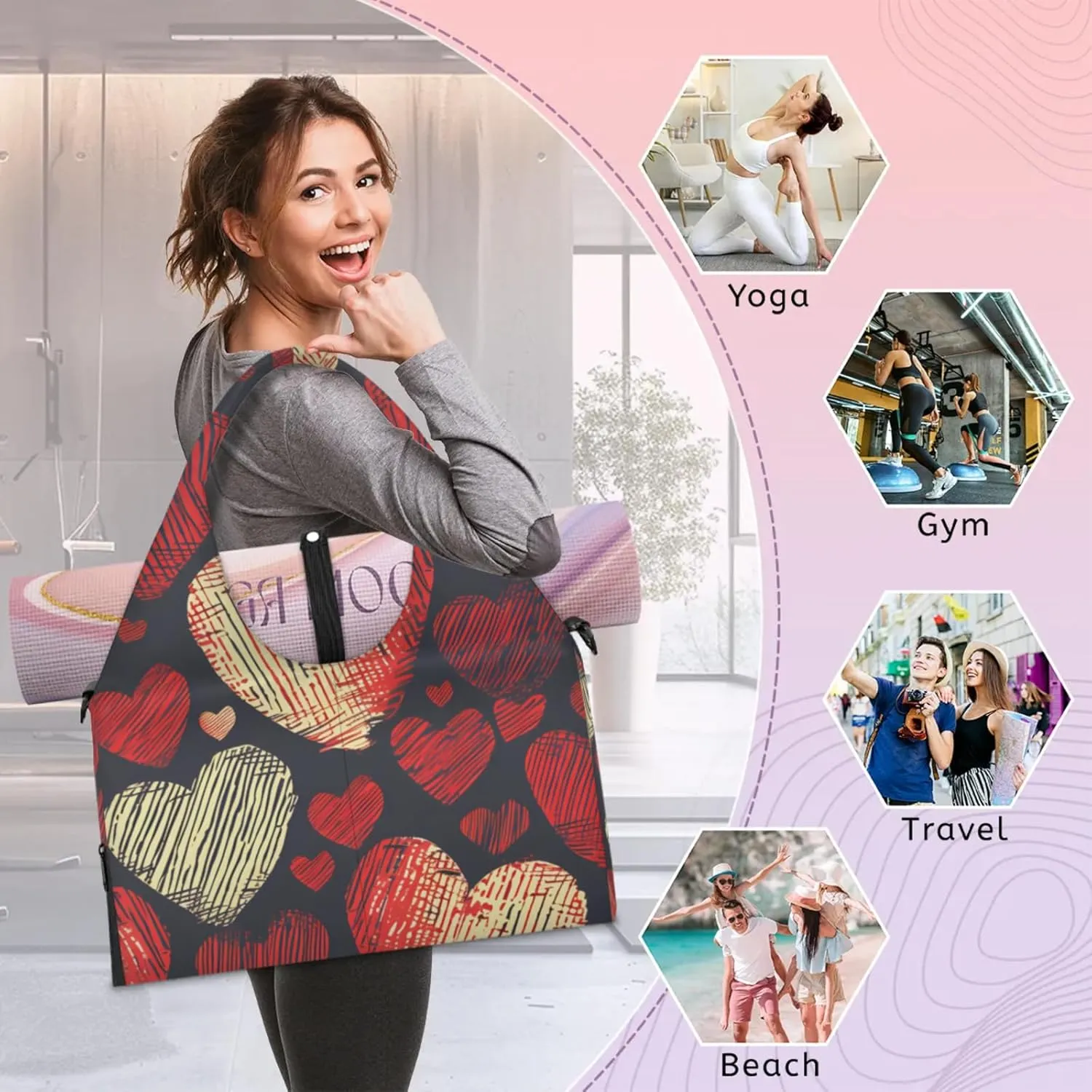 Gym Bag for Women Hearts Duffel Bag with Shoe Compartment and Yoga Mat Holder Portable Weekender Bags Travel Tote Bags