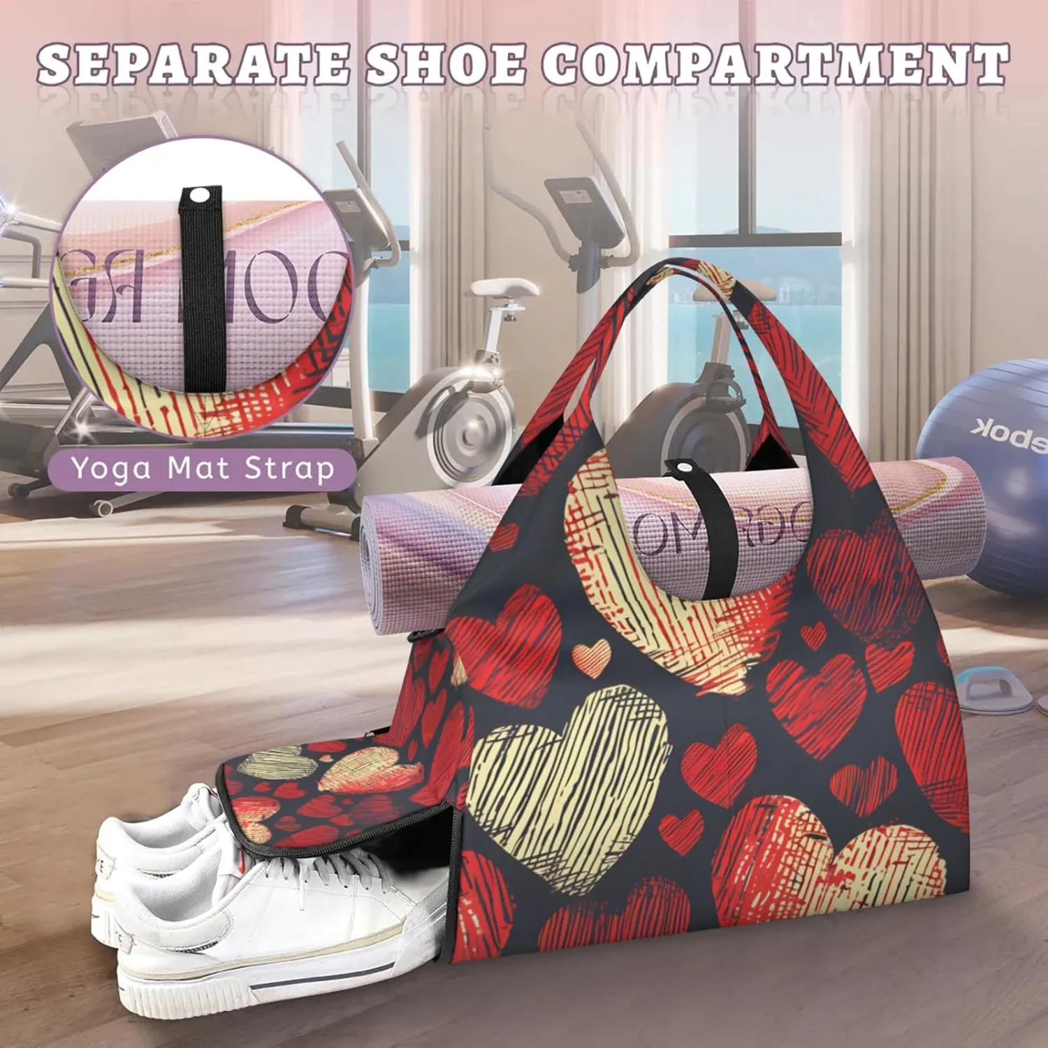 Gym Bag for Women Hearts Duffel Bag with Shoe Compartment and Yoga Mat Holder Portable Weekender Bags Travel Tote Bags