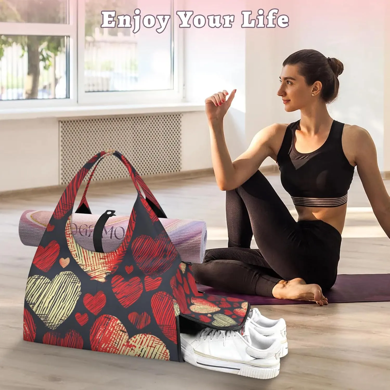 Gym Bag for Women Hearts Duffel Bag with Shoe Compartment and Yoga Mat Holder Portable Weekender Bags Travel Tote Bags
