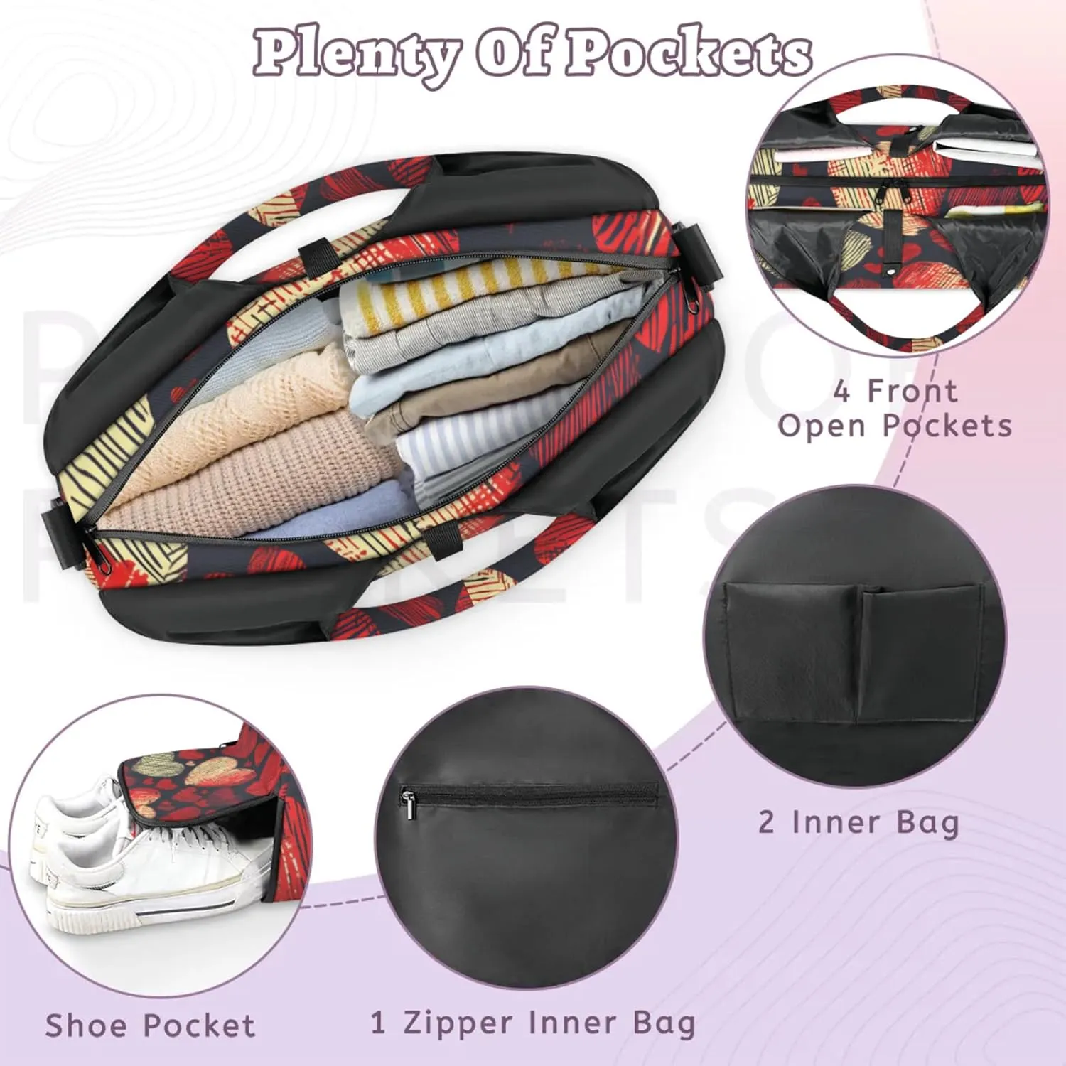 Gym Bag for Women Hearts Duffel Bag with Shoe Compartment and Yoga Mat Holder Portable Weekender Bags Travel Tote Bags