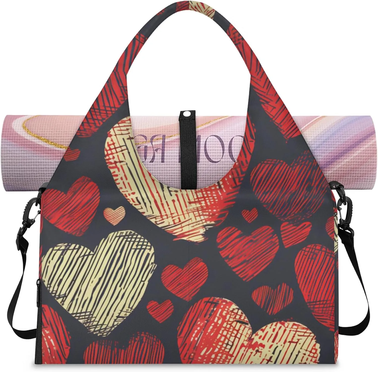 Gym Bag for Women Hearts Duffel Bag with Shoe Compartment and Yoga Mat Holder Portable Weekender Bags Travel Tote Bags