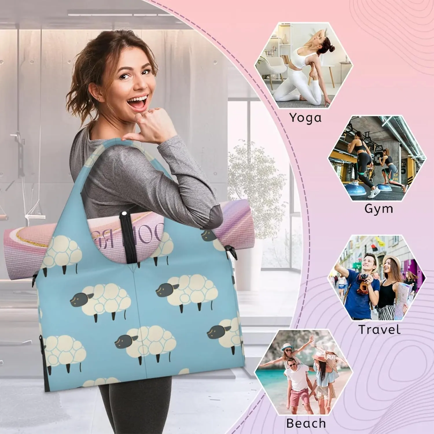 Gym Bag for Women Sheep Abstract Duffel Bag with Shoe Compartment and Yoga Mat Holder Portable Weekender Bags Travel Tote Bags