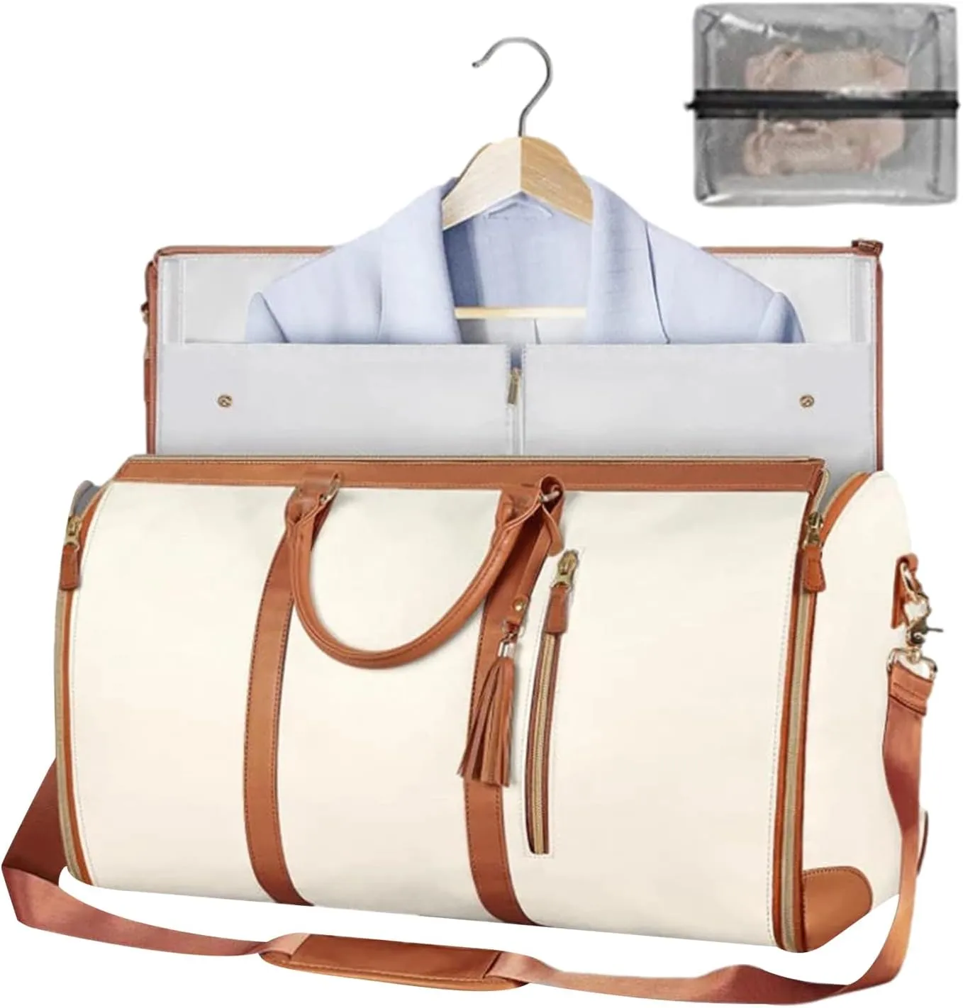 Gym Bag, Garment Bags for Travel, Weekender Bag Made Durable PU Leather Adopting Hanger Design Easy Storage and Carrying, Personal Item Travel Bag for Travel Beach Trips and Camping (beige)