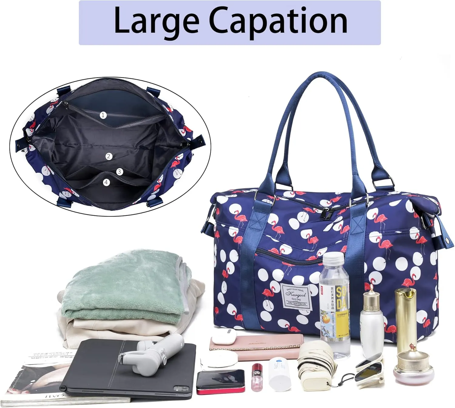 Gym Bag with Wet Pocket, Foldable Travel Duffle Bag Carry On Weekender Bags for Women, Waterproof Overnight Bag for Travel, Gym, Yoga