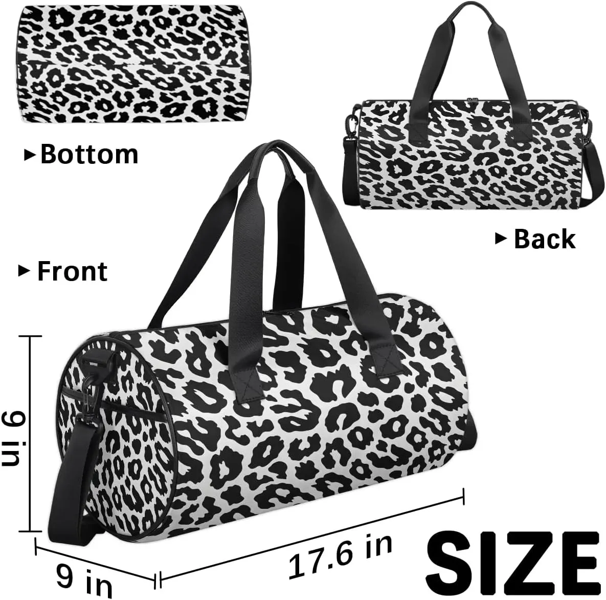 Gym Bags for Men Women Black Leopard Print Sports Duffel Bags Carry On Travel Duffle Bag with Detachable Adjustable Shoulder Strap Overnight Weekender Bag