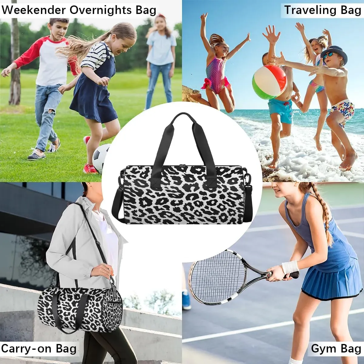 Gym Bags for Men Women Black Leopard Print Sports Duffel Bags Carry On Travel Duffle Bag with Detachable Adjustable Shoulder Strap Overnight Weekender Bag