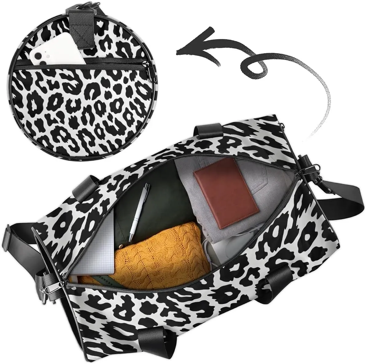 Gym Bags for Men Women Black Leopard Print Sports Duffel Bags Carry On Travel Duffle Bag with Detachable Adjustable Shoulder Strap Overnight Weekender Bag