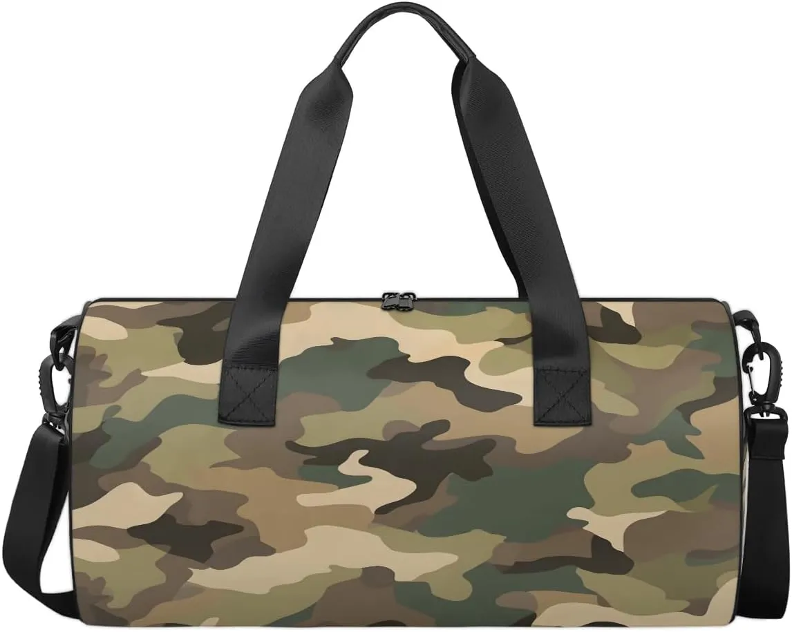 Gym Bags for Men Women Brown Green Camo Sports Duffel Bags Carry On Travel Duffle Bag with Detachable Adjustable Shoulder Strap Overnight Weekender Bag