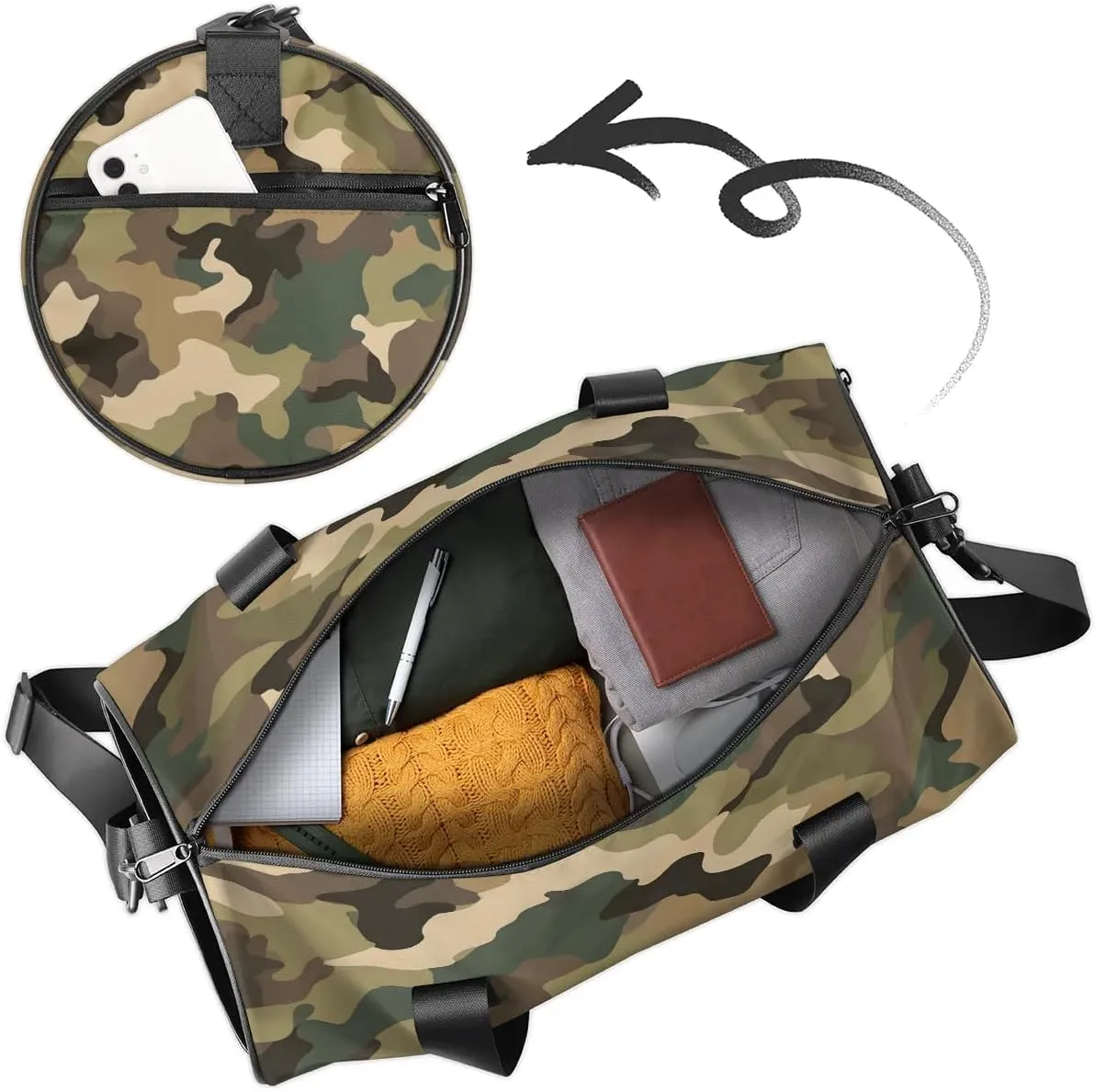 Gym Bags for Men Women Brown Green Camo Sports Duffel Bags Carry On Travel Duffle Bag with Detachable Adjustable Shoulder Strap Overnight Weekender Bag
