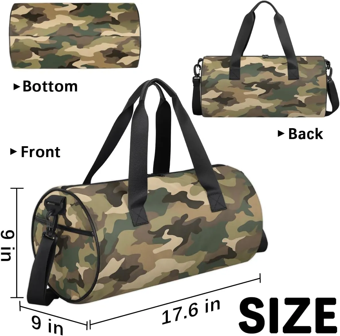 Gym Bags for Men Women Brown Green Camo Sports Duffel Bags Carry On Travel Duffle Bag with Detachable Adjustable Shoulder Strap Overnight Weekender Bag