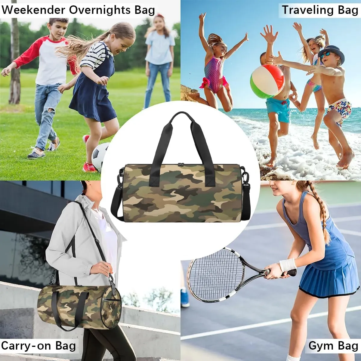 Gym Bags for Men Women Brown Green Camo Sports Duffel Bags Carry On Travel Duffle Bag with Detachable Adjustable Shoulder Strap Overnight Weekender Bag