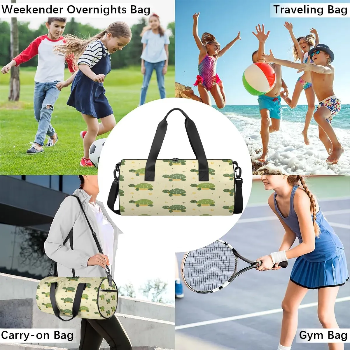 Gym Bags for Men Women Cartoon Turtle Sports Duffel Bags Carry On Travel Duffle Bag with Detachable Adjustable Shoulder Strap Overnight Weekender Bag