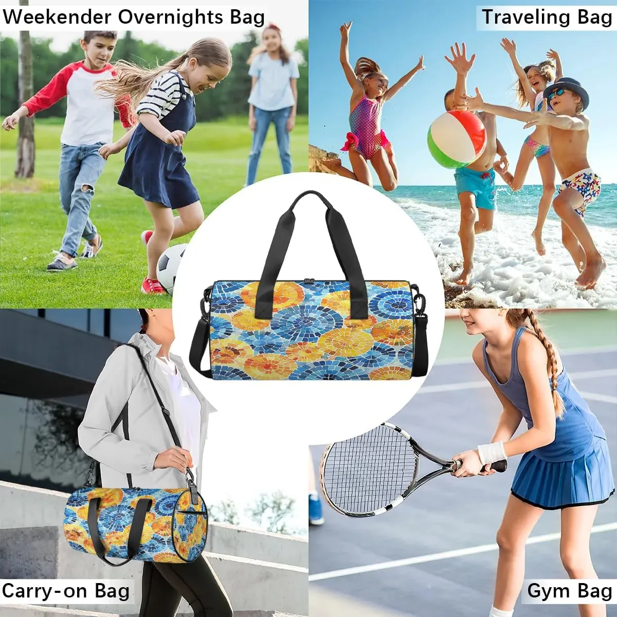 Gym Bags for Men Women Creative Circles Sports Duffel Bags Carry On Travel Duffle Bag with Detachable Adjustable Shoulder Strap Overnight Weekender Bag