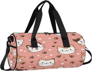 Gym Bags for Men Women Cute Cats Heart Sports Duffel Bags Carry On Travel Duffle Bag with Detachable Adjustable Shoulder Strap Overnight Weekender Bag
