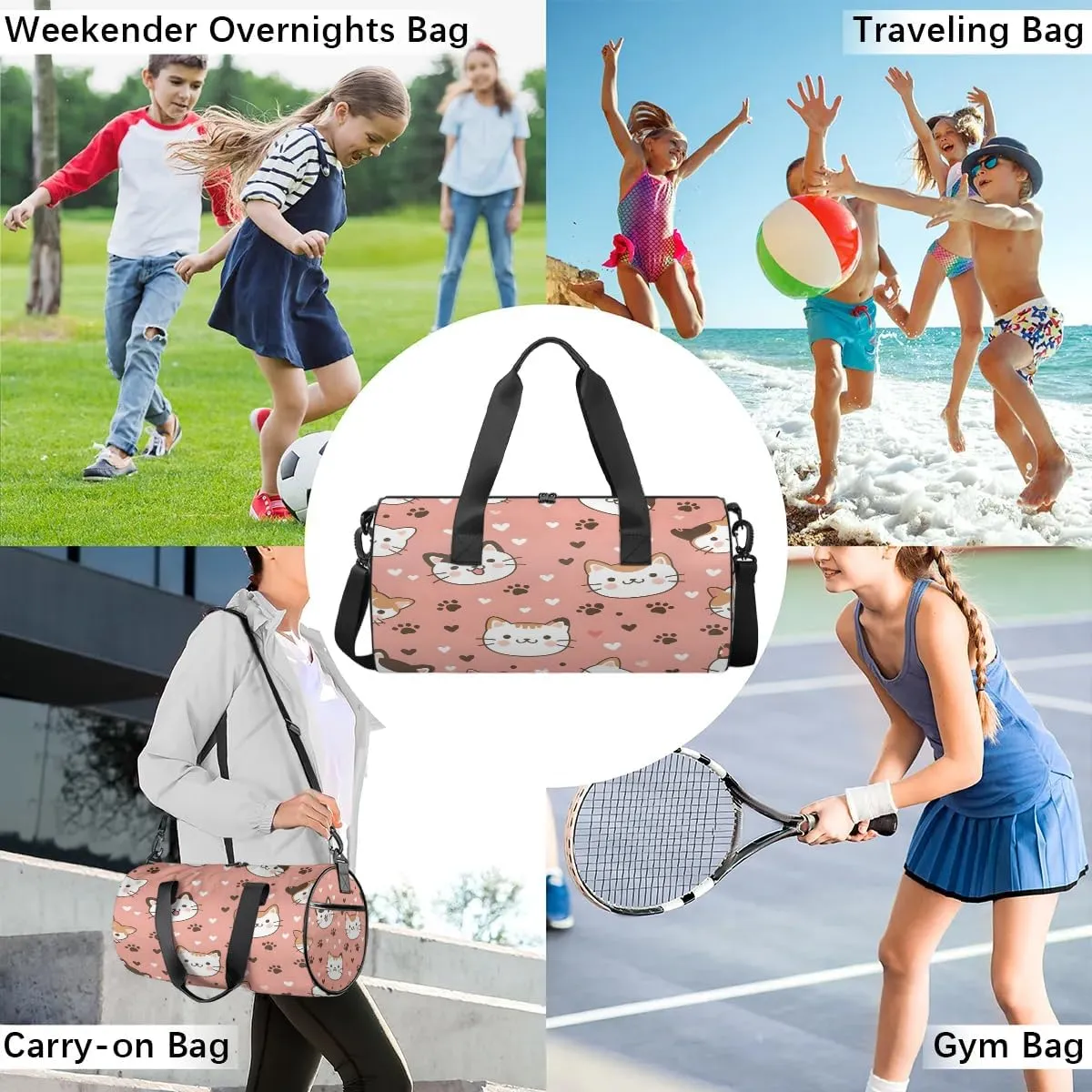 Gym Bags for Men Women Cute Cats Heart Sports Duffel Bags Carry On Travel Duffle Bag with Detachable Adjustable Shoulder Strap Overnight Weekender Bag
