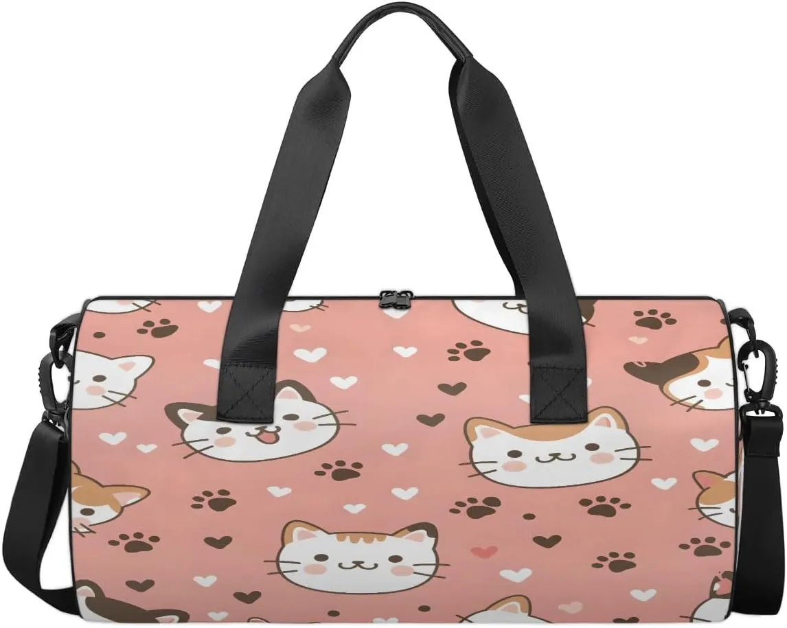 Gym Bags for Men Women Cute Cats Heart Sports Duffel Bags Carry On Travel Duffle Bag with Detachable Adjustable Shoulder Strap Overnight Weekender Bag