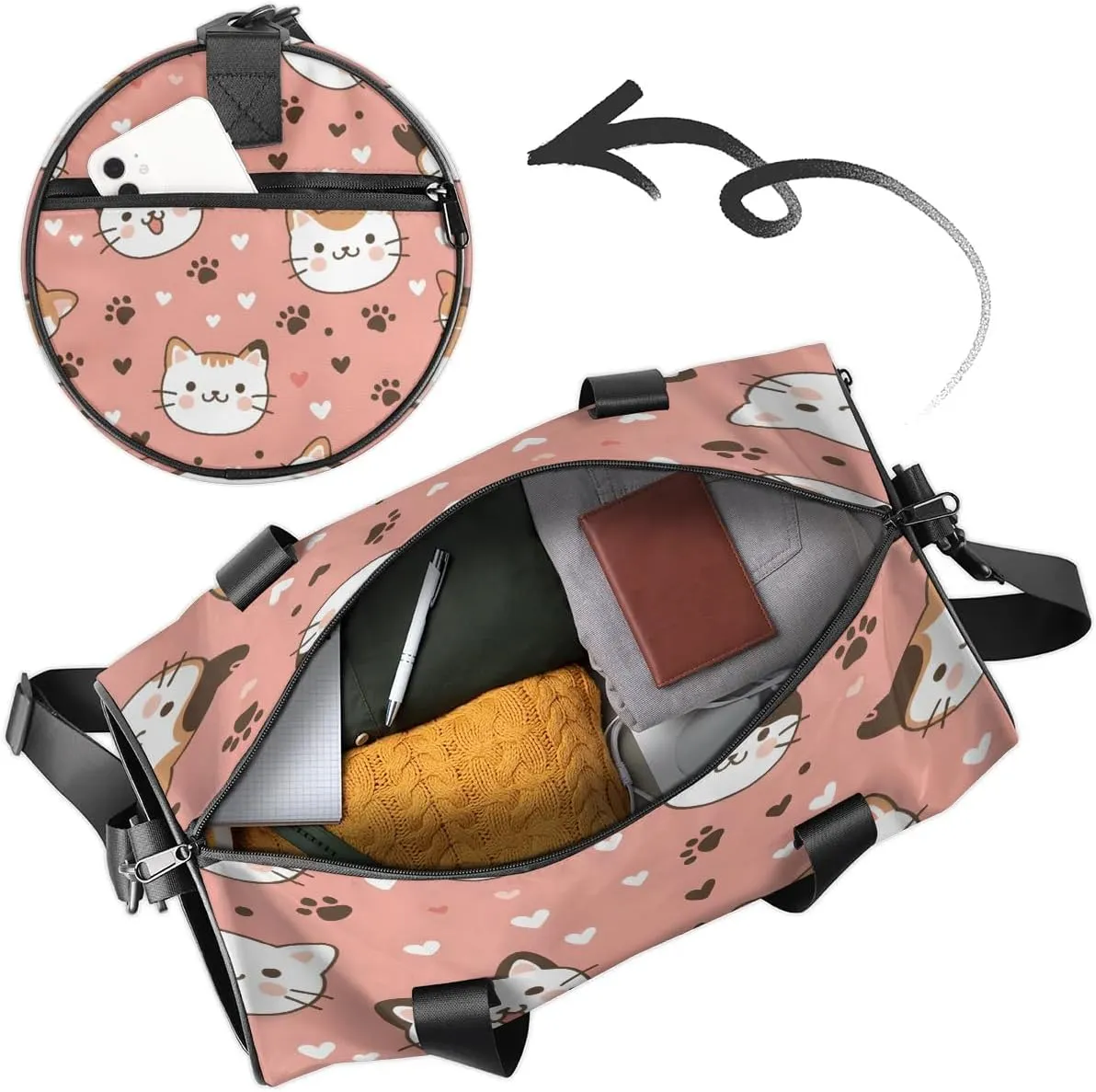 Gym Bags for Men Women Cute Cats Heart Sports Duffel Bags Carry On Travel Duffle Bag with Detachable Adjustable Shoulder Strap Overnight Weekender Bag