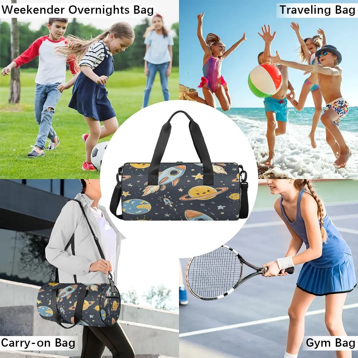 Gym Bags for Men Women Cute Planet Rocket Sports Duffel Bags Carry On Travel Duffle Bag with Detachable Adjustable Shoulder Strap Overnight Weekender Bag