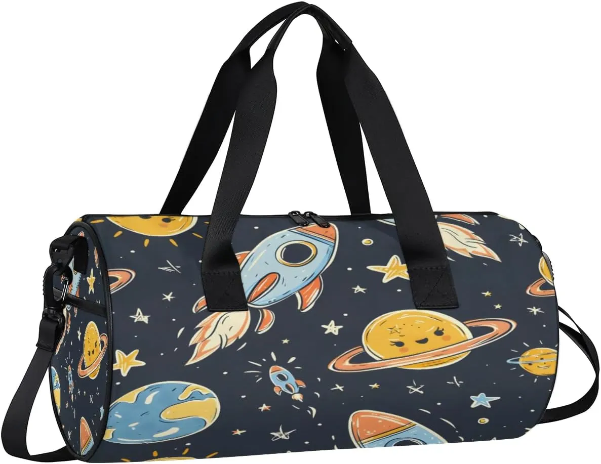 Gym Bags for Men Women Cute Planet Rocket Sports Duffel Bags Carry On Travel Duffle Bag with Detachable Adjustable Shoulder Strap Overnight Weekender Bag