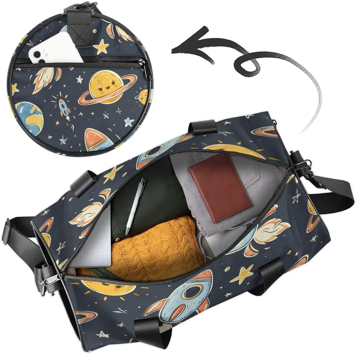 Gym Bags for Men Women Cute Planet Rocket Sports Duffel Bags Carry On Travel Duffle Bag with Detachable Adjustable Shoulder Strap Overnight Weekender Bag