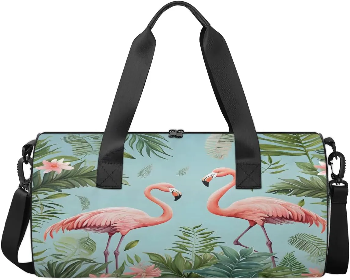 Gym Bags for Men Women Flamingo Tropical Palm Leaf Sports Duffel Bags Carry On Travel Duffle Bag with Detachable Adjustable Shoulder Strap Overnight Weekender Bag